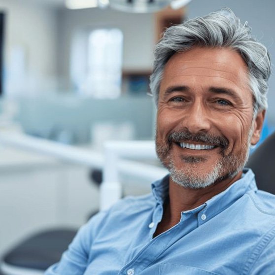 Smiling middle-aged dental patient in treatment chair